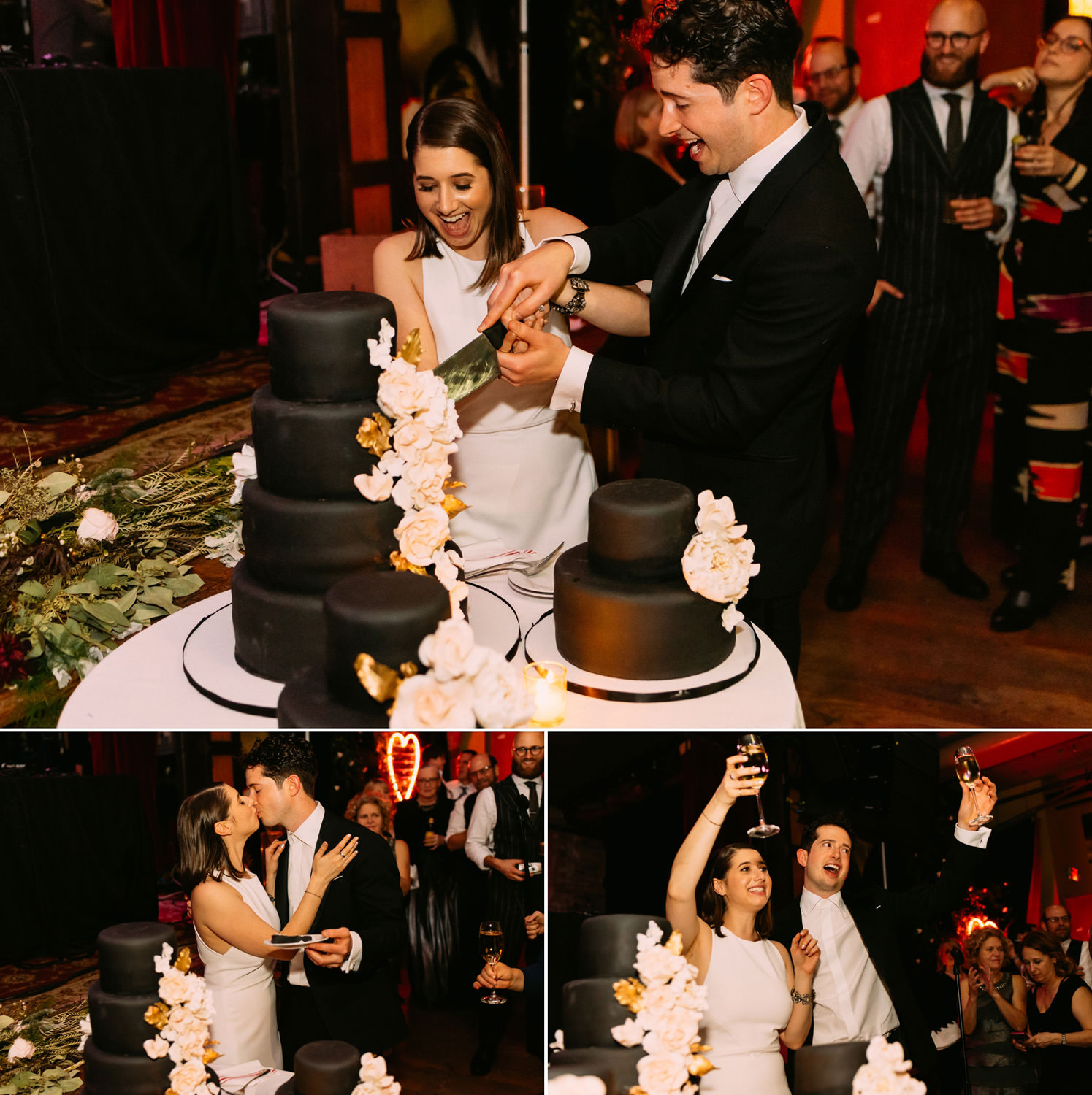cutting the cake together by the bride and groom